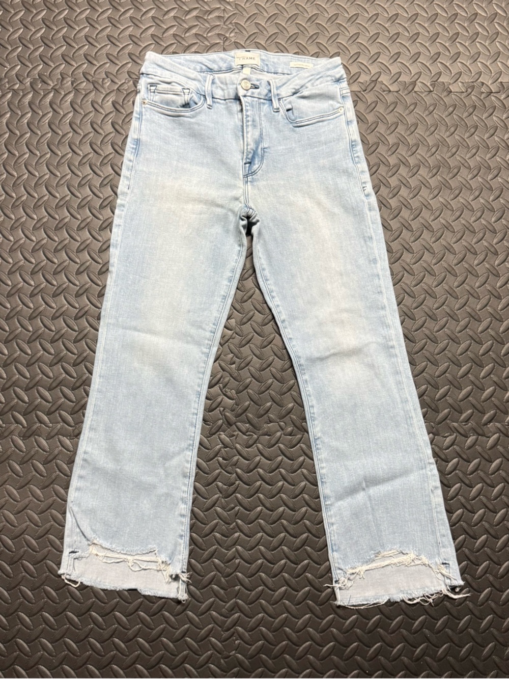FRAME Le Crop Mini Boot Light Wash Distressed Jeans Size 29 Raw Hem - Picture 2 of 11